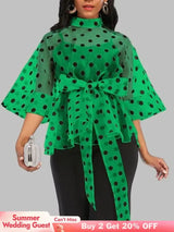 AOMEIDRESS Printed Polka Dot Sheer Blouses Half High Collar 3/4 Sleeves Peplum Waist Belt Green / S