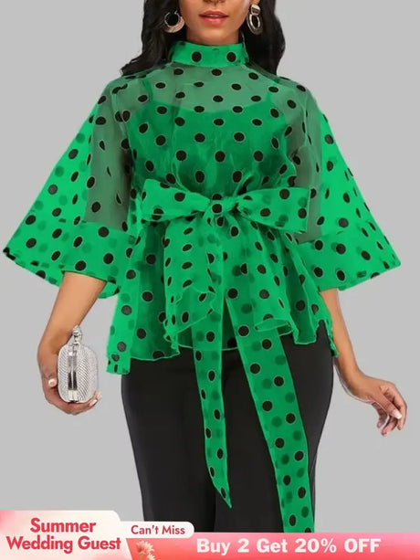 AOMEIDRESS Printed Polka Dot Sheer Blouses Half High Collar 3/4 Sleeves Peplum Waist Belt Green / S