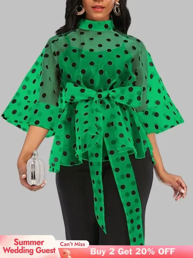 AOMEIDRESS Printed Polka Dot Sheer Blouses Half High Collar 3/4 Sleeves Peplum Waist Belt Green / S