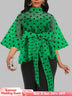 AOMEIDRESS Printed Polka Dot Sheer Blouses Half High Collar 3/4 Sleeves Peplum Waist Belt Green / S