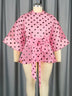 AOMEIDRESS Printed Polka Dot Sheer Blouses Half High Collar 3/4 Sleeves Peplum Waist Belt Pink / S
