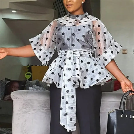 AOMEIDRESS Printed Polka Dot Sheer Blouses Half High Collar 3/4 Sleeves Peplum Waist Belt White / S