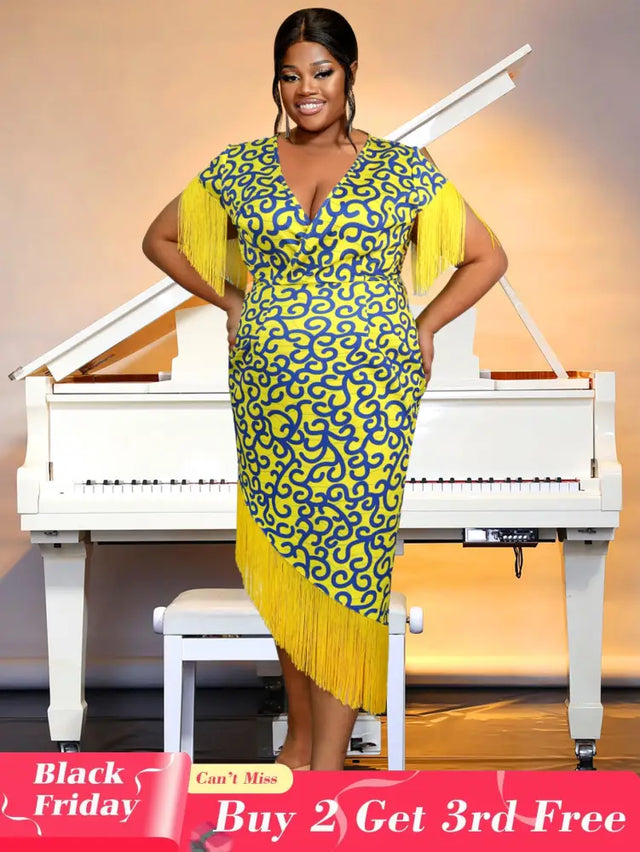 AOMEIDRESS Printed V Neck Tassel Sleeve Asymmetrical Bodycon Dress