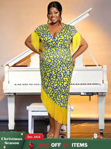 AOMEIDRESS Printed V Neck Tassel Sleeve Asymmetrical Bodycon Dress