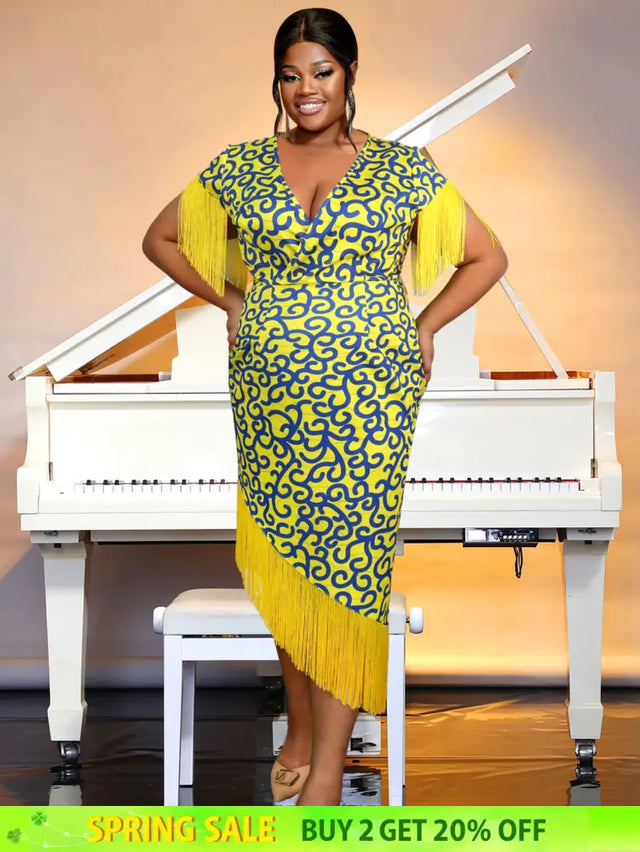 AOMEIDRESS Printed V Neck Tassel Sleeve Asymmetrical Bodycon Dress