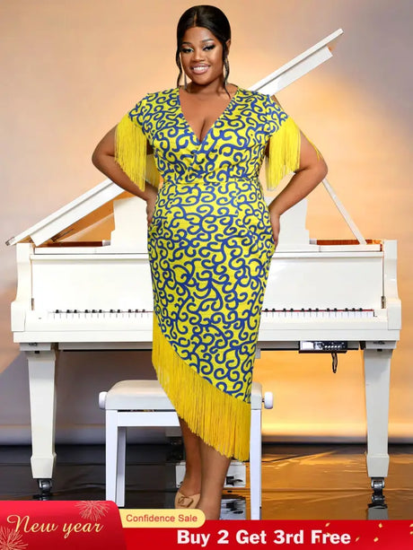 AOMEIDRESS Printed V Neck Tassel Sleeve Asymmetrical Bodycon Dress