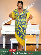 AOMEIDRESS Printed V Neck Tassel Sleeve Asymmetrical Bodycon Dress