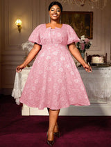 AOMEIDRESS Puff Sleeve Jacquard Dress Classic A Line Fit for Curvy Chic Style Pink / S Dress