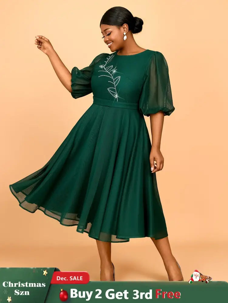 AOMEIDRESS Puff Sleeve Plaid A Line Dress with Rhinestone Office Style
