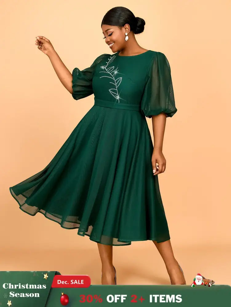 AOMEIDRESS Puff Sleeve Plaid A Line Dress with Rhinestone Office Style
