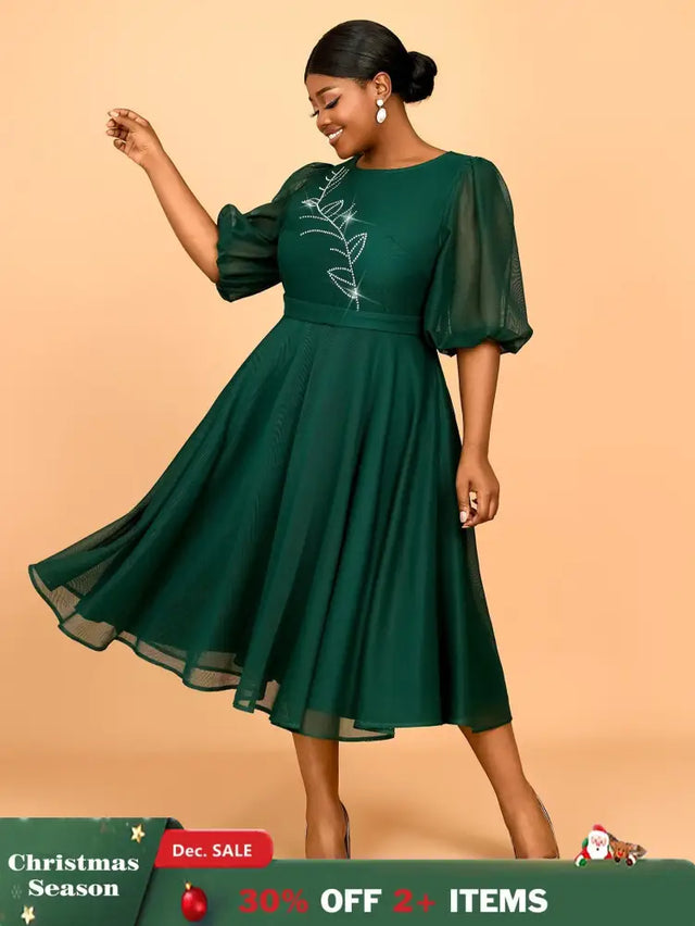 AOMEIDRESS Puff Sleeve Plaid A Line Dress with Rhinestone Office Style
