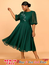 AOMEIDRESS Puff Sleeve Plaid A Line Dress with Rhinestone Office Style
