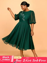 AOMEIDRESS Puff Sleeve Plaid A Line Dress with Rhinestone Office Style
