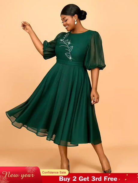 AOMEIDRESS Puff Sleeve Plaid A Line Dress with Rhinestone Office Style
