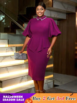 AOMEIDRESS Purple Business Dinner Outfit Mandarin Collar Puff Sleeve
