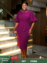 AOMEIDRESS Purple Business Dinner Outfit Mandarin Collar Puff Sleeve
