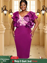 AOMEIDRESS Purple Dress V Neck Printed Mesh Patchwork Ruffles Sleeve Purple / S