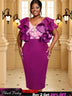 AOMEIDRESS Purple Dress V Neck Printed Mesh Patchwork Ruffles Sleeve Purple / S