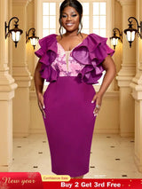 AOMEIDRESS Purple Dress V Neck Printed Mesh Patchwork Ruffles Sleeve Purple / S