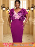 AOMEIDRESS Purple Dress V Neck Printed Mesh Patchwork Ruffles Sleeve Purple / S