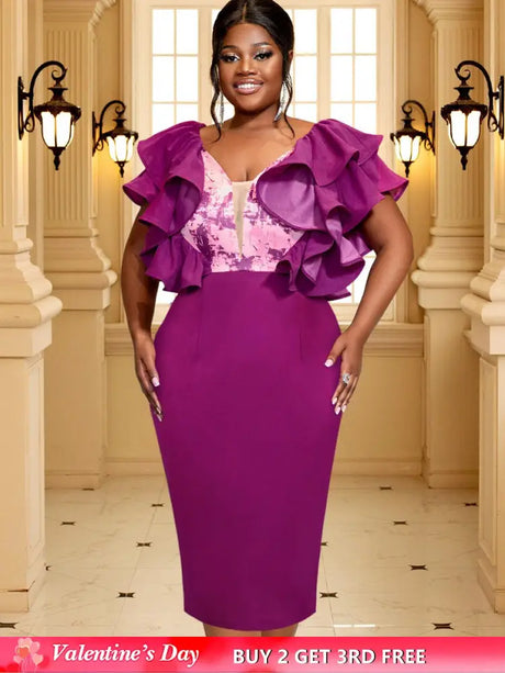 AOMEIDRESS Purple Dress V Neck Printed Mesh Patchwork Ruffles Sleeve Purple / S