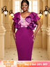 AOMEIDRESS Purple Dress V Neck Printed Mesh Patchwork Ruffles Sleeve Purple / S