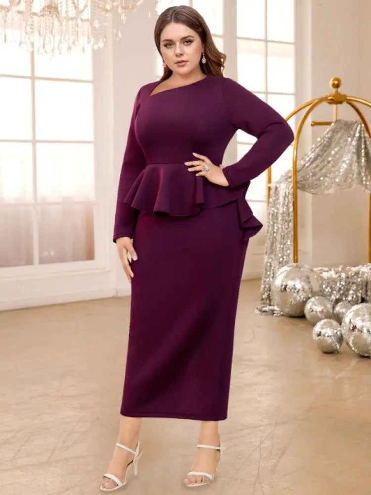 AOMEIDRESS Purple maxi Dress Asymmetrical Neck Long Sleeve Peplum