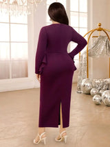 AOMEIDRESS Purple maxi Dress Asymmetrical Neck Long Sleeve Peplum