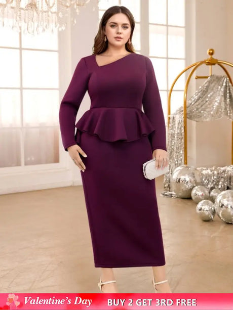 AOMEIDRESS Purple maxi Dress Asymmetrical Neck Long Sleeve Peplum Purple / S