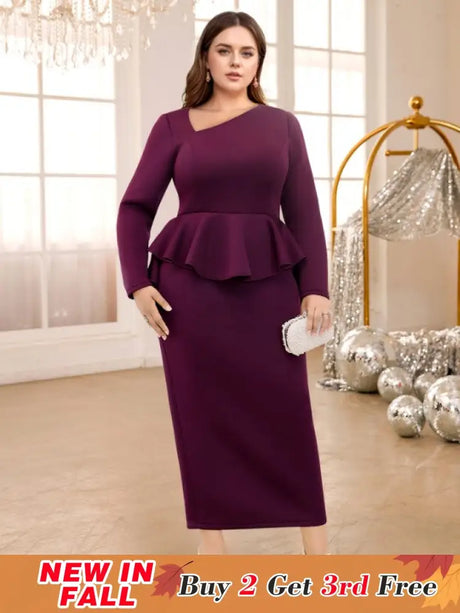 AOMEIDRESS Purple maxi Dress Asymmetrical Neck Long Sleeve Peplum Purple / S