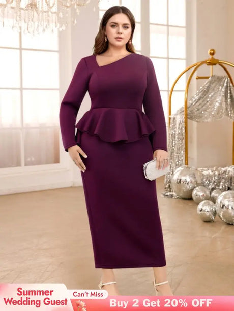 AOMEIDRESS Purple maxi Dress Asymmetrical Neck Long Sleeve Peplum Purple / S