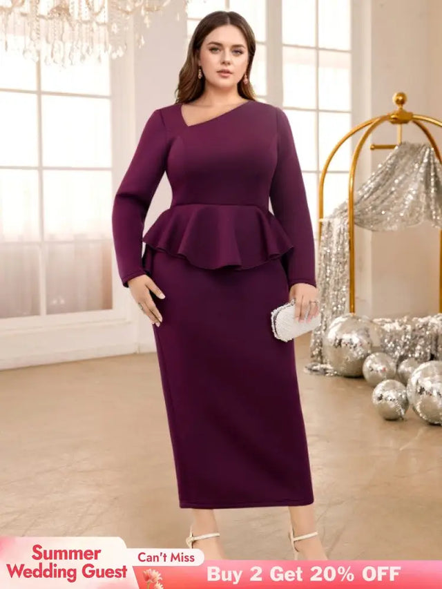 AOMEIDRESS Purple maxi Dress Asymmetrical Neck Long Sleeve Peplum Purple / S