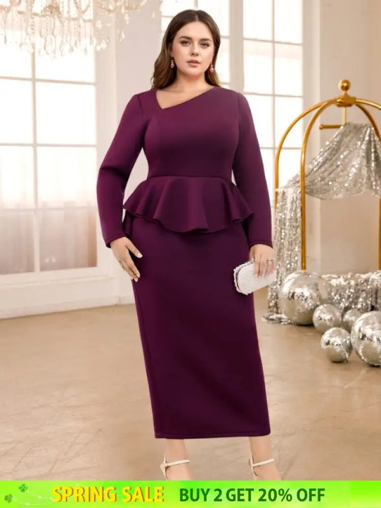 AOMEIDRESS Purple maxi Dress Asymmetrical Neck Long Sleeve Peplum Purple / S