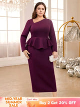 AOMEIDRESS Purple maxi Dress Asymmetrical Neck Long Sleeve Peplum Purple / S