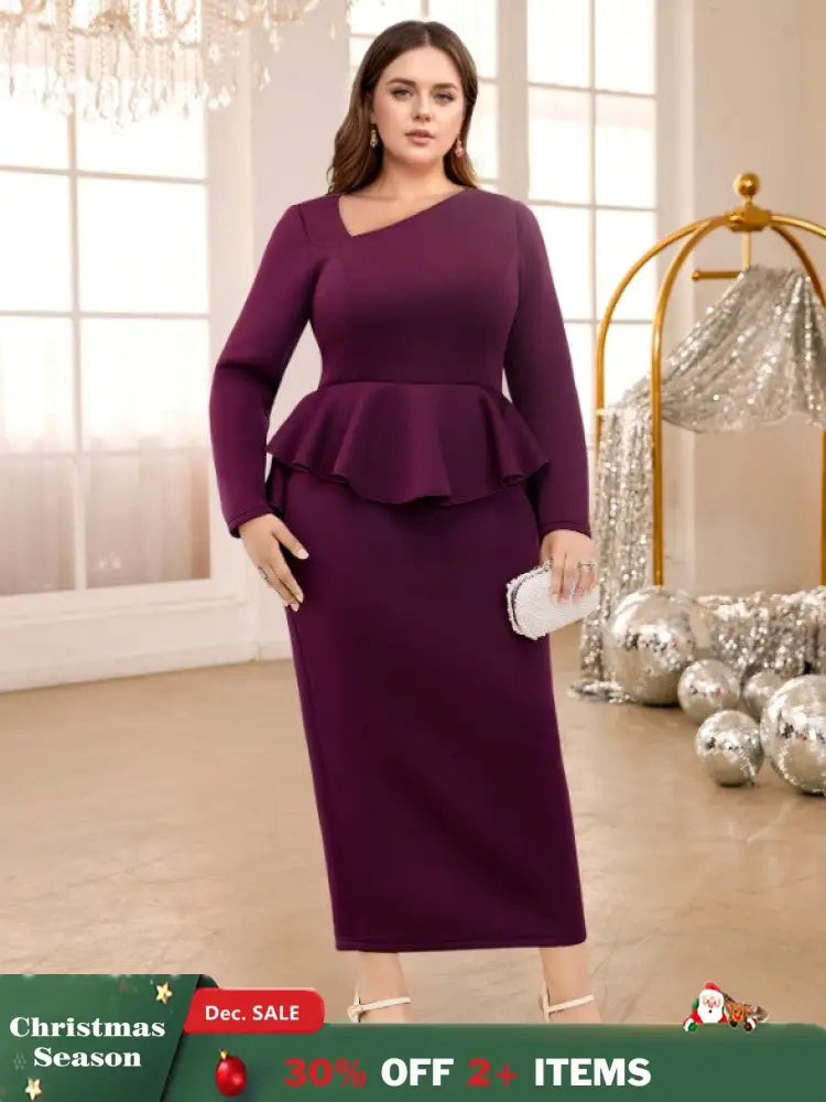 AOMEIDRESS Purple maxi Dress Asymmetrical Neck Long Sleeve Peplum Purple / S