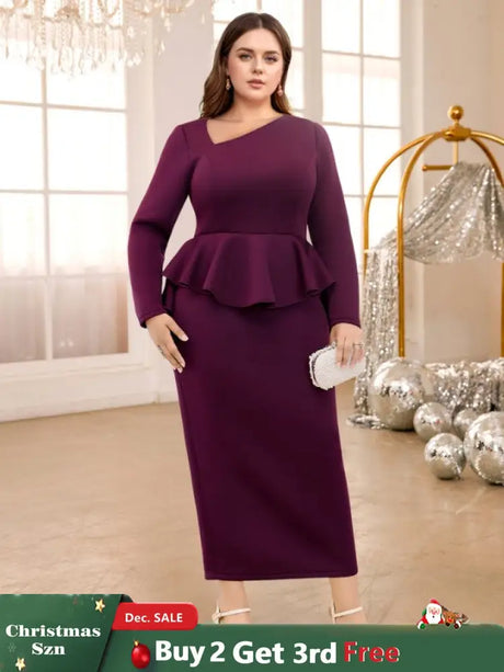 AOMEIDRESS Purple maxi Dress Asymmetrical Neck Long Sleeve Peplum Purple / S