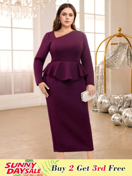 AOMEIDRESS Purple maxi Dress Asymmetrical Neck Long Sleeve Peplum Purple / S