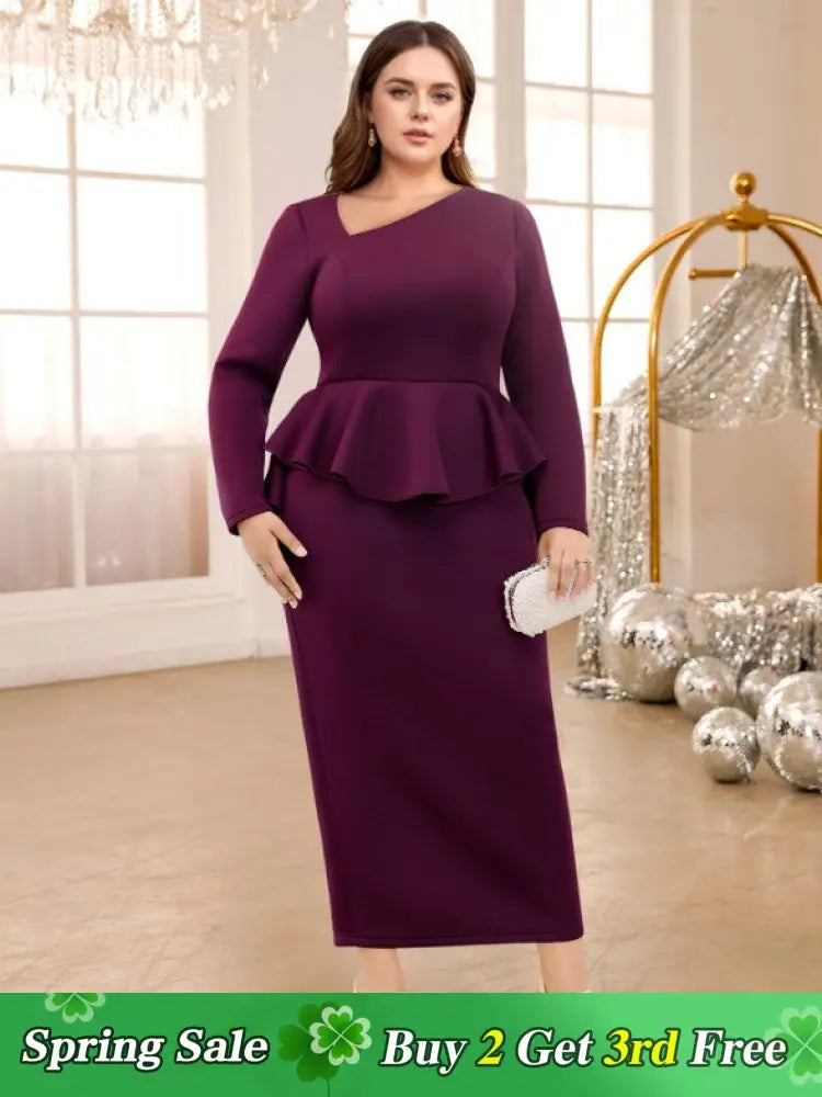 AOMEIDRESS Purple maxi Dress Asymmetrical Neck Long Sleeve Peplum Purple / S