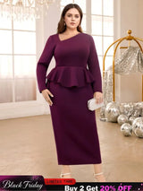 AOMEIDRESS Purple maxi Dress Asymmetrical Neck Long Sleeve Peplum Purple / S