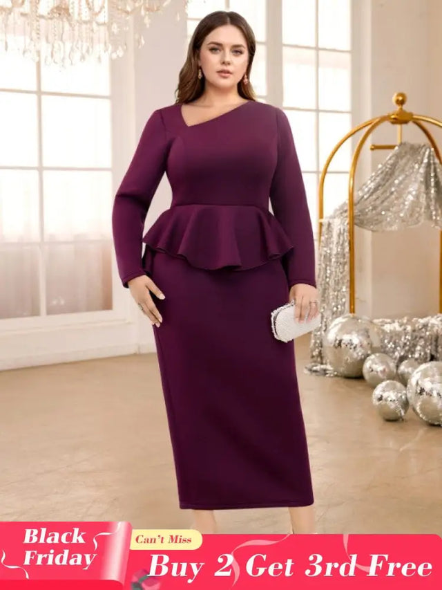 AOMEIDRESS Purple maxi Dress Asymmetrical Neck Long Sleeve Peplum Purple / S