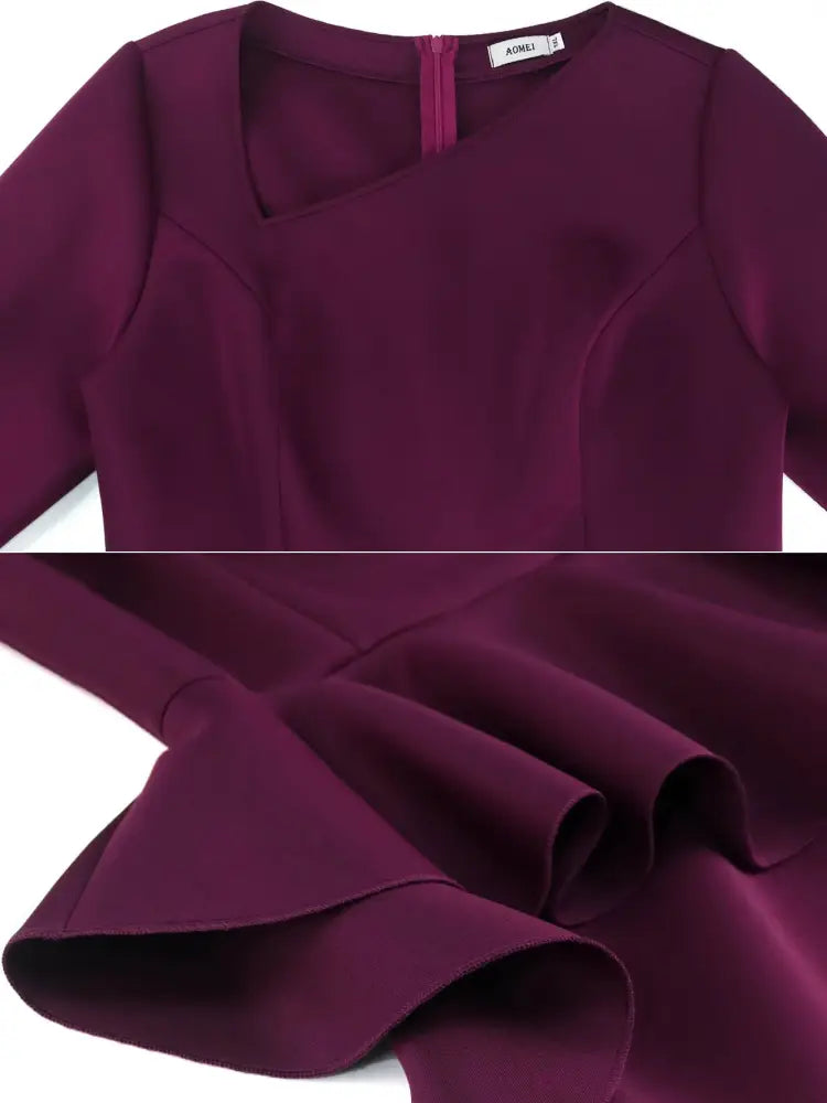 AOMEIDRESS Purple Pencil Dress Asymmetrical Neck Long Sleeves Ruffles