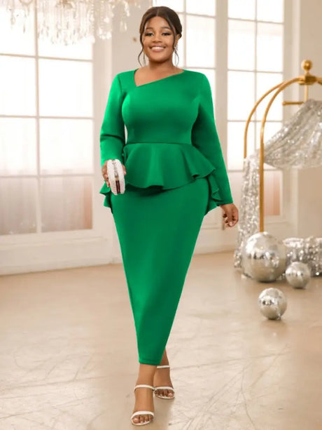 AOMEIDRESS Purple Pencil Dress Asymmetrical Neck Long Sleeves Ruffles Green / S