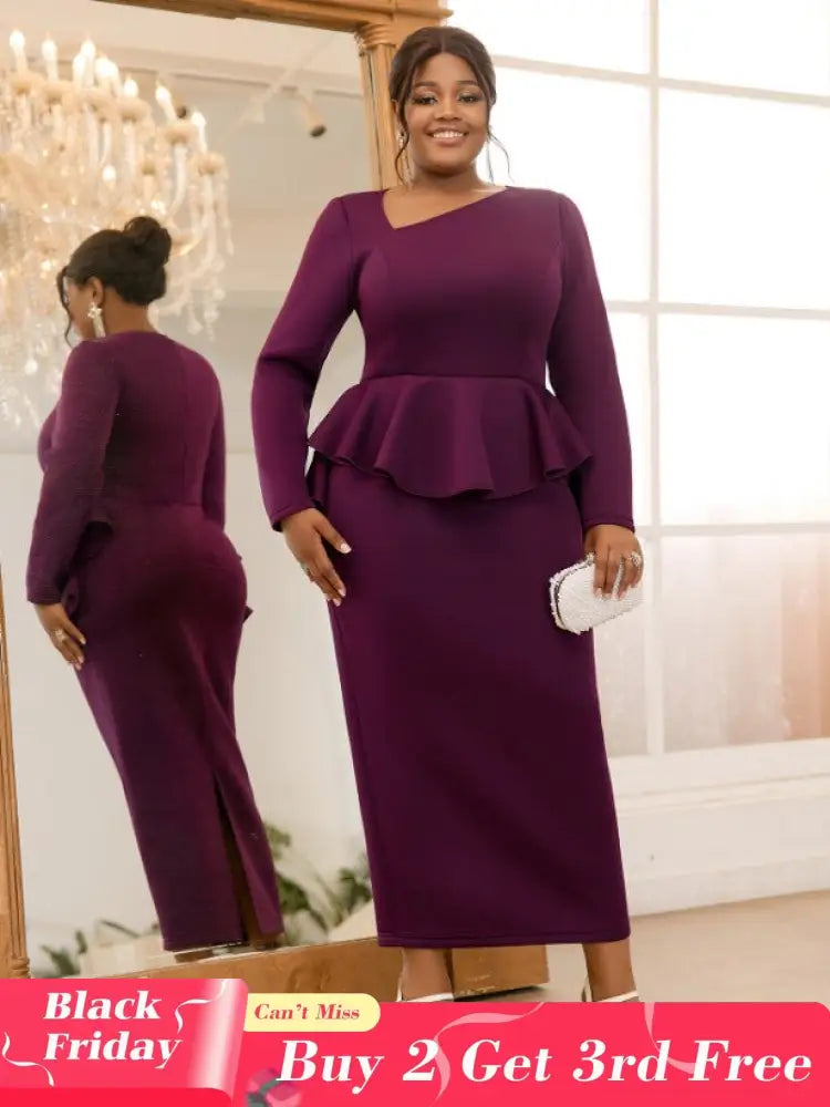 AOMEIDRESS Purple Pencil Dress Asymmetrical Neck Long Sleeves Ruffles Purple / S