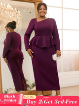 AOMEIDRESS Purple Pencil Dress Asymmetrical Neck Long Sleeves Ruffles Purple / S