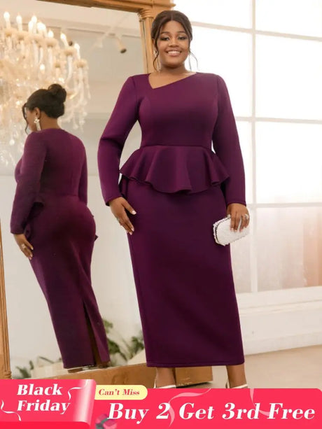 AOMEIDRESS Purple Pencil Dress Asymmetrical Neck Long Sleeves Ruffles Purple / S