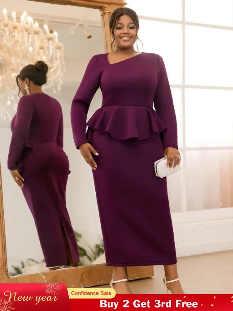 AOMEIDRESS Purple Pencil Dress Asymmetrical Neck Long Sleeves Ruffles Purple / S