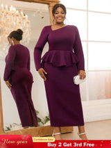 AOMEIDRESS Purple Pencil Dress Asymmetrical Neck Long Sleeves Ruffles Purple / S