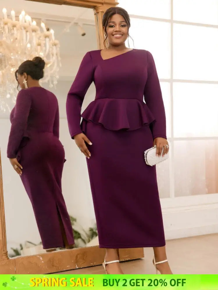 AOMEIDRESS Purple Pencil Dress Asymmetrical Neck Long Sleeves Ruffles Purple / S