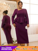 AOMEIDRESS Purple Pencil Dress Asymmetrical Neck Long Sleeves Ruffles Purple / S