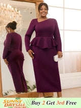 AOMEIDRESS Purple Pencil Dress Asymmetrical Neck Long Sleeves Ruffles Purple / S